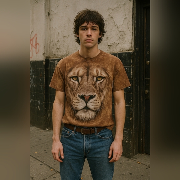 The Mountain Lion Face Graphic Tee – Vintage Brown Animal Print T-Shirt (90s Y2K - Picture 2 of 9